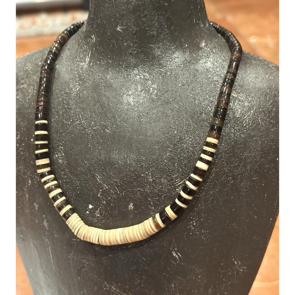 BROWN TAN SHELL COCONUT BEADS 15" CHOKER BEACH Necklace 1980S SURFER HIPPIE EU